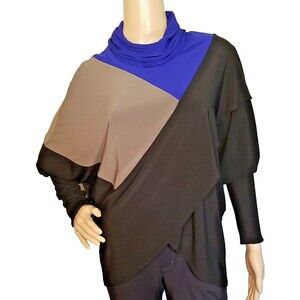 Joseph Ribkoff Size 6 Cowl Neck Sweater Color Block Blue Black Tan          T22
